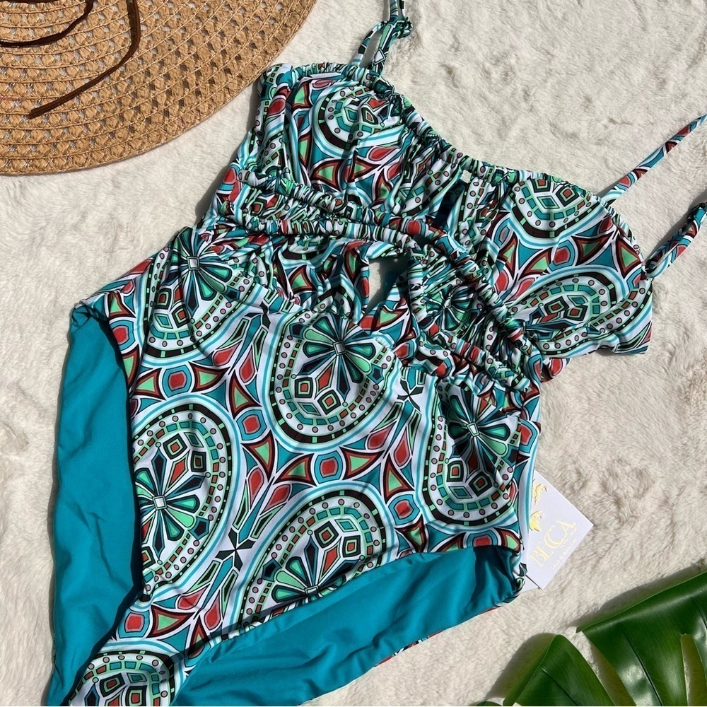 Becca Mosaic Print One Piece Swimsuit Cutout Front Adjustable S NWT - Picture 7 of 7